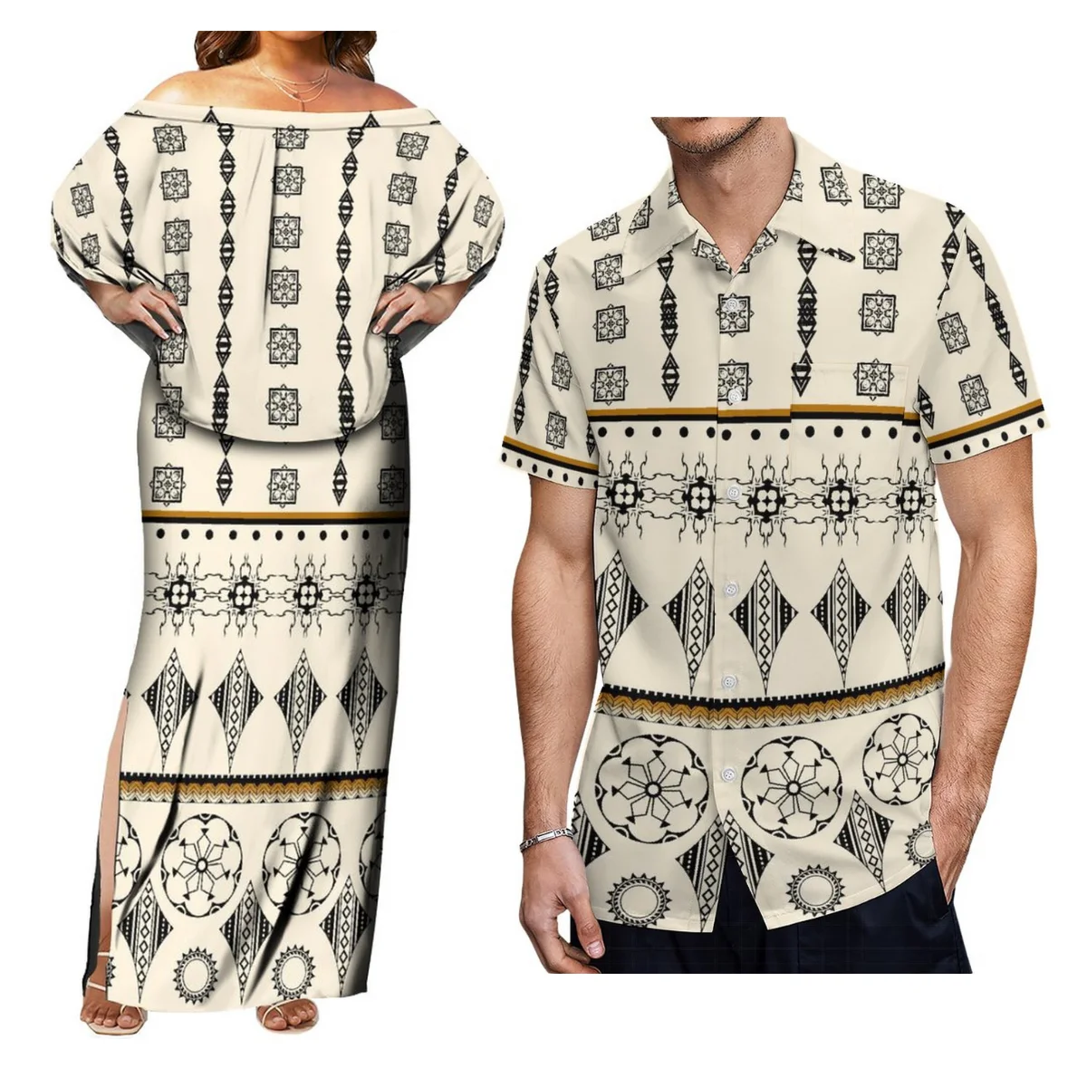 Custom Polynesian Tribal Print Women'S Cape Floor-Length puletasi Dress And Men'S Shirt Couple Set 2 Pieces
Custom Polynesian Tribal Print Women'S Cape Floor-Length puletasi Dress And Men'S Shirt Couple Set 2 Pieces