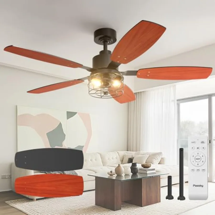 Ceiling Fans with Lights for bedroom and living room, metal black caged fan with 52 inch dual finish blades, 6 speeds reversibl
Ceiling Fans with Lights for bedroom and living room, metal black caged fan with 52 inch dual finish blades, 6 speeds reversibl