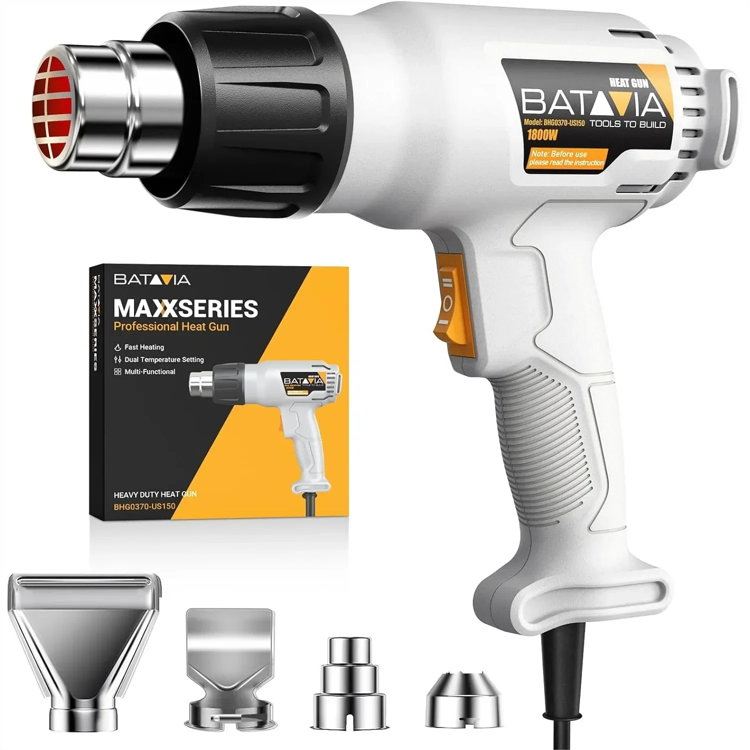 1800W Heat Gun With Dual Temperature Settings 752℉&1112℉ And 4 Nozzles For Crafts Vinyl Wrap Shrink Tubing
1800W Heat Gun With Dual Temperature Settings 752℉&1112℉ And 4 Nozzles For Crafts Vinyl Wrap Shrink Tubing