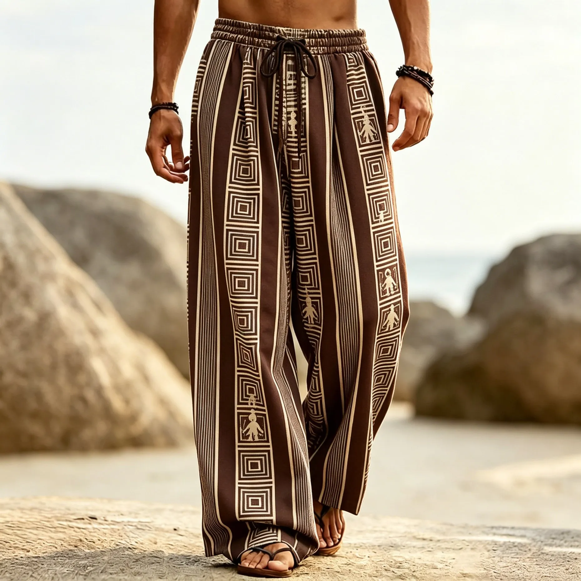Men's Tribal Geometric Vertical Print Drawstring Wide Leg Pants, Casual Loose Trousers for Spring Summer Beach & Daily Wear
Men's Tribal Geometric Vertical Print Drawstring Wide Leg Pants, Casual Loose Trousers for Spring Summer Beach & Daily Wear