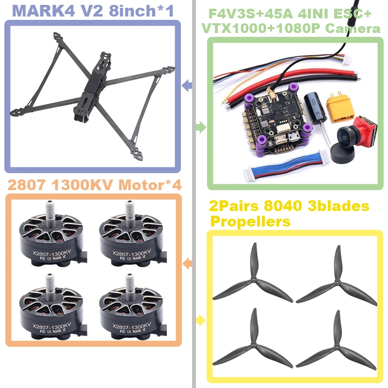 MARK4 V2 8inch F4V3S/F4V3S PLUS Flight Control 45/60A 4INI ESC rack drone FPV carbon fiber PV Racing Drone Quadcopter Freestyle
MARK4 V2 8inch F4V3S/F4V3S PLUS Flight Control 45/60A 4INI ESC rack drone FPV carbon fiber PV Racing Drone Quadcopter Freestyle