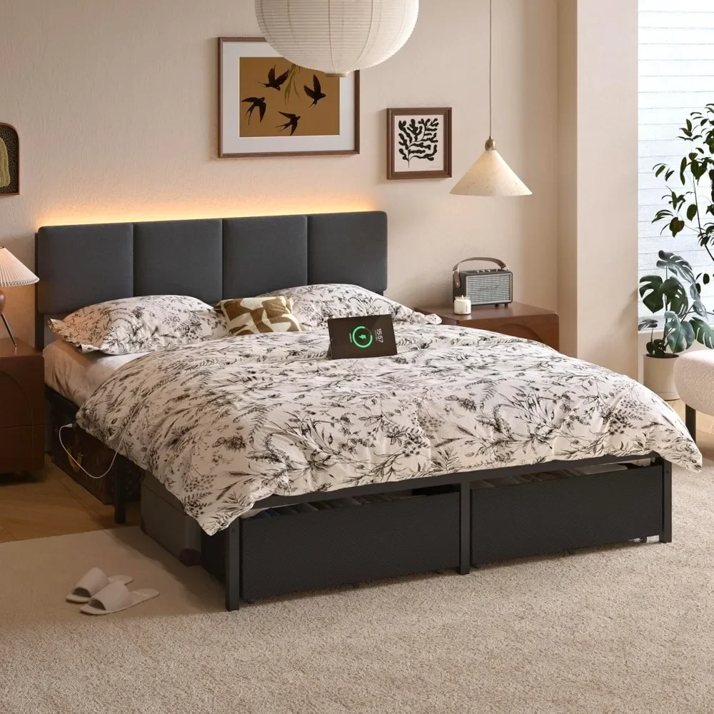 Queen Bed Frame with Storage, Upholstered Bed Frame Queen Size with LED Light, USB Charging Station, Platform Bedframe
Queen Bed Frame with Storage, Upholstered Bed Frame Queen Size with LED Light, USB Charging Station, Platform Bedframe