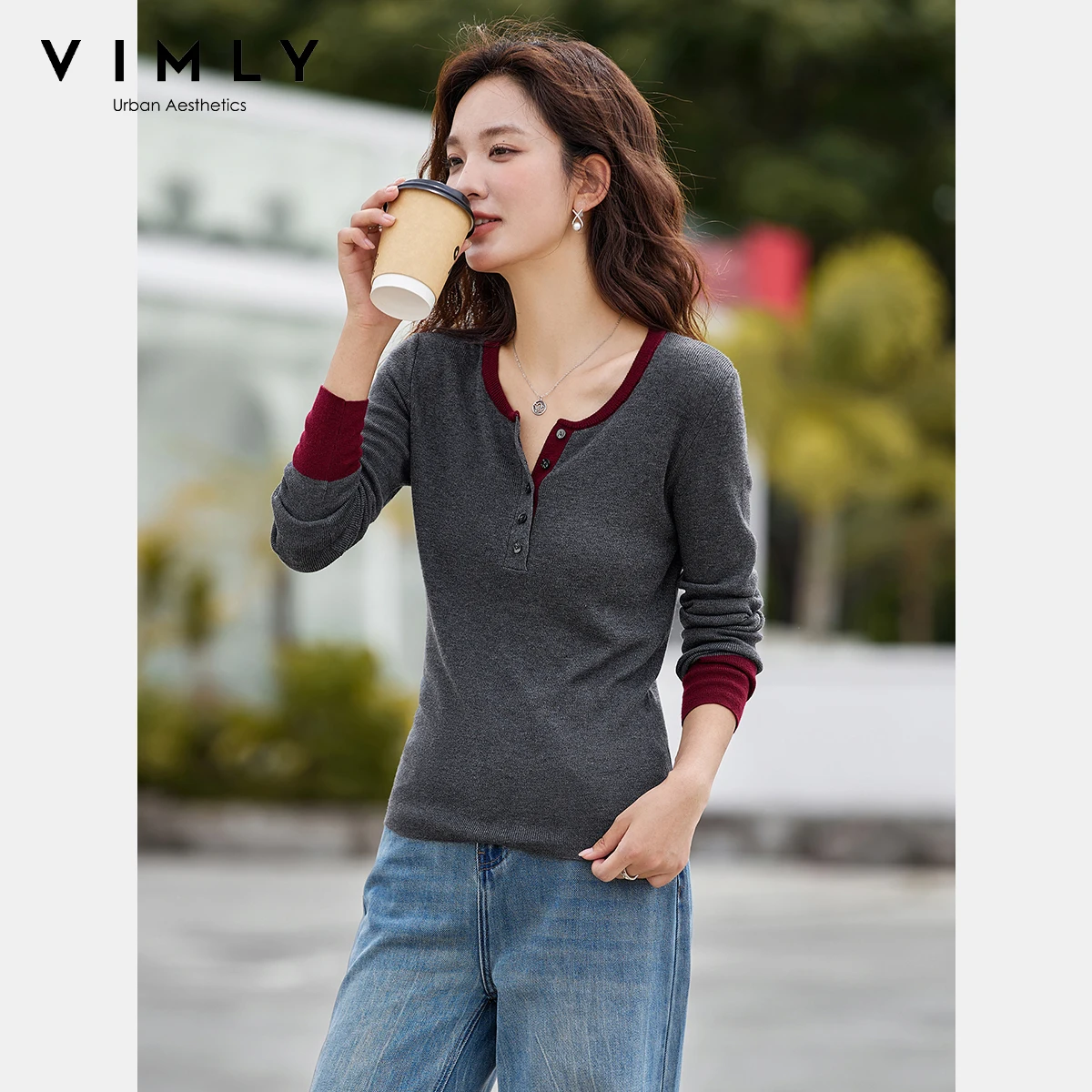 VIMLY Women's Knitting Sweater Contrast Color Autumn 2025 Grey Round Neck Pull Femmes Casual Button Slim Ladies Pullovers 75201
VIMLY Women's Knitting Sweater Contrast Color Autumn 2025 Grey Round Neck Pull Femmes Casual Button Slim Ladies Pullovers 75201