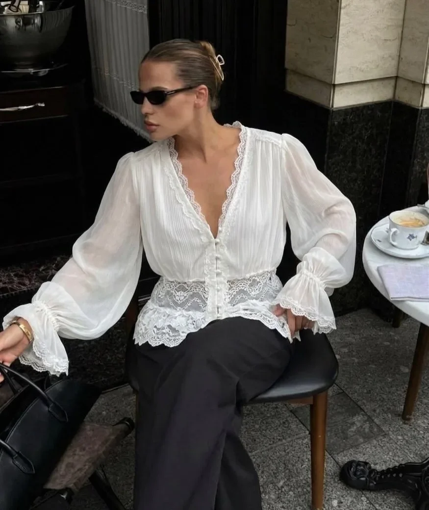 White Long Puff Sleeve Lace Trim V-neck Top Y2k Women Button Front Peplum Hem 2026 Summer Lady Vintage Elegant Casual Blouse
White Long Puff Sleeve Lace Trim V-neck Top Y2k Women Button Front Peplum Hem 2026 Summer Lady Vintage Elegant Casual Blouse