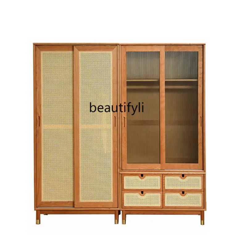 Japanese-Style Rattan Wardrobe Cherrywood Small Apartment Household Glass Sliding Door Wardrobe Combination Retro Simple Cabinet
Japanese-Style Rattan Wardrobe Cherrywood Small Apartment Household Glass Sliding Door Wardrobe Combination Retro Simple Cabinet