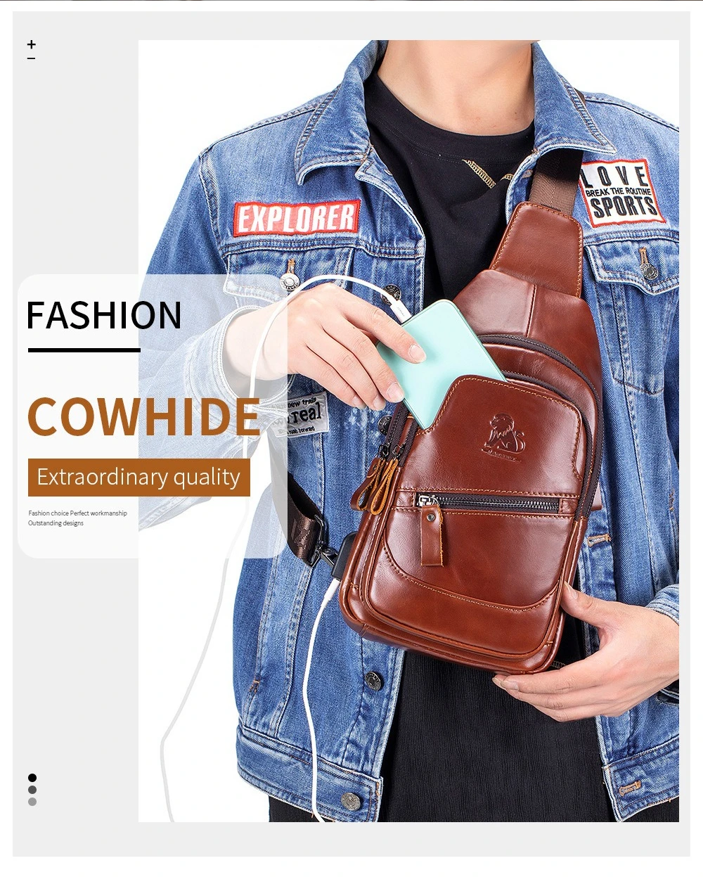 Large-capacity genuine leather men's single-shoulder crossbody USB chest bag, top layer cowhide mobile phone storage chest bag
Large-capacity genuine leather men's single-shoulder crossbody USB chest bag, top layer cowhide mobile phone storage chest bag