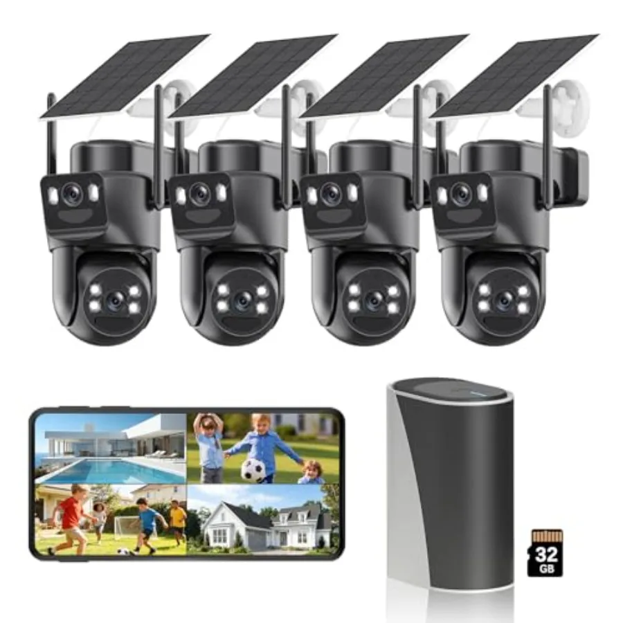 Outdoor solar security cameras kit: 4K dual-lens wireless system with 360 PTZ, color night vision, motion detection, spotlight
Outdoor solar security cameras kit: 4K dual-lens wireless system with 360 PTZ, color night vision, motion detection, spotlight