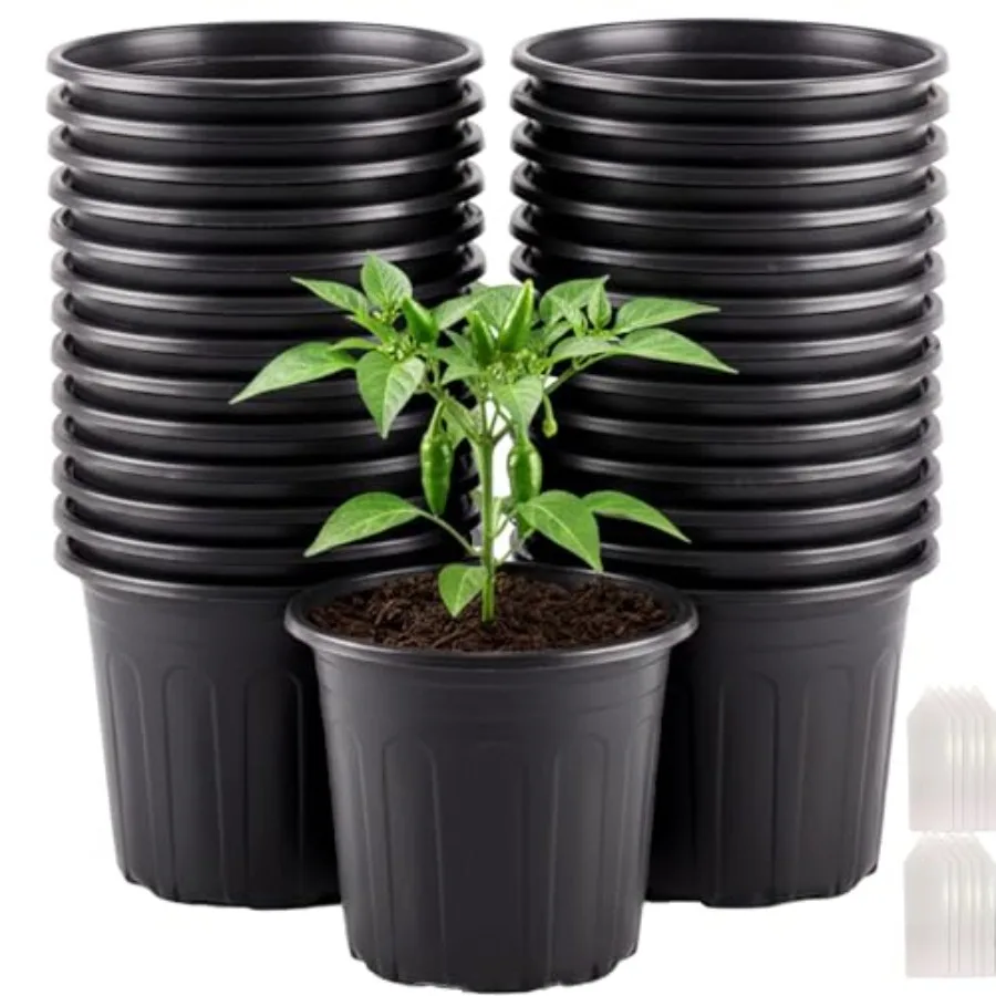 Nursery application, plastic, black, flexible 5-gallon pots with drainage holes and plant labels, 25-pack
Nursery application, plastic, black, flexible 5-gallon pots with drainage holes and plant labels, 25-pack