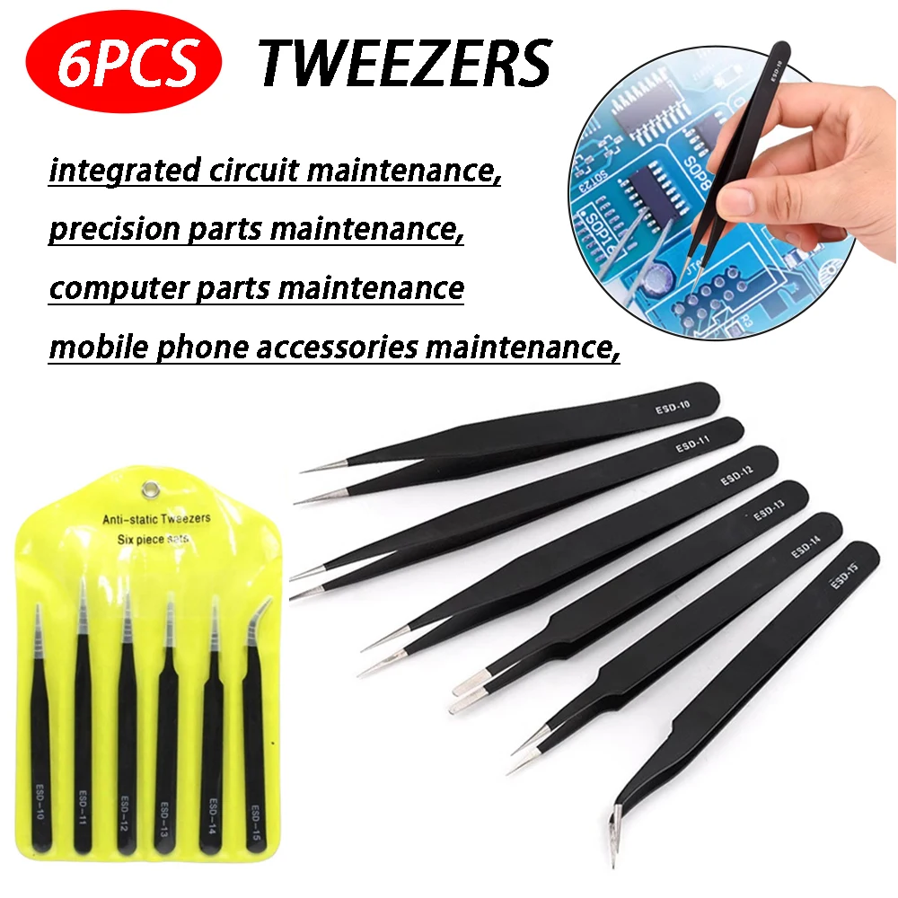 6pcs/set Portable ESD Tweezers For Soldering Anti-Static Stainless Steel Tweezers Clamping Tool Straight Bend for Accessories
6pcs/set Portable ESD Tweezers For Soldering Anti-Static Stainless Steel Tweezers Clamping Tool Straight Bend for Accessories