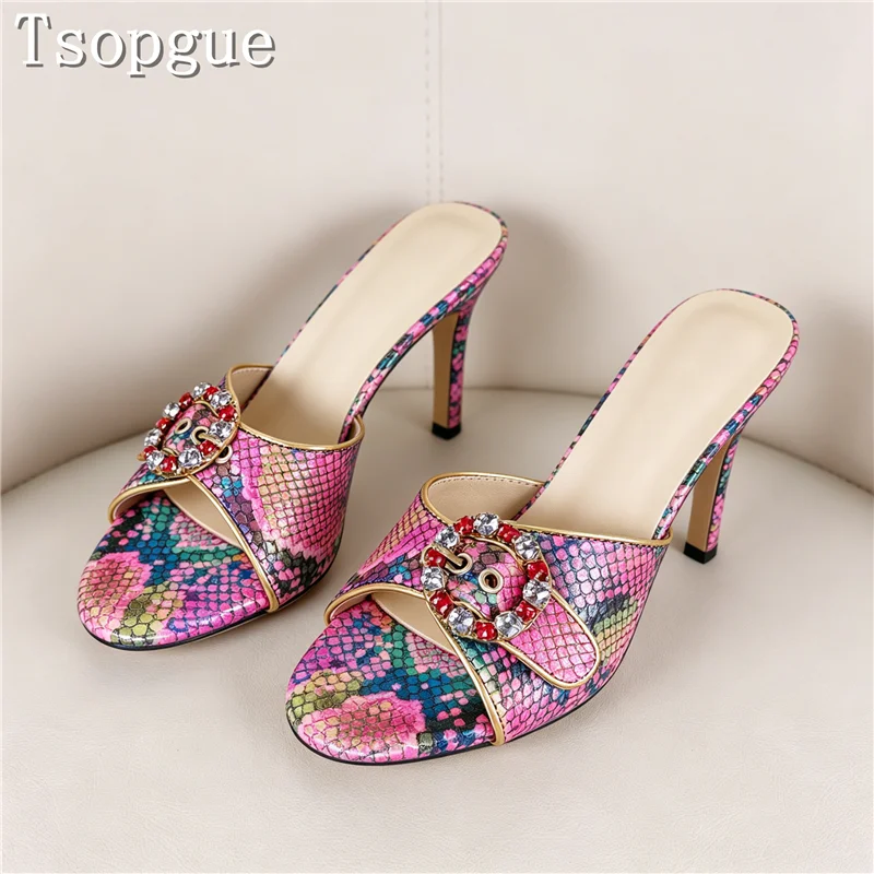 Multicolor Snake Print Open Toe Stiletto Mules Women Fashion Rhinestone Buckle Decor High Heels Slipper for Party Nightclub
Multicolor Snake Print Open Toe Stiletto Mules Women Fashion Rhinestone Buckle Decor High Heels Slipper for Party Nightclub