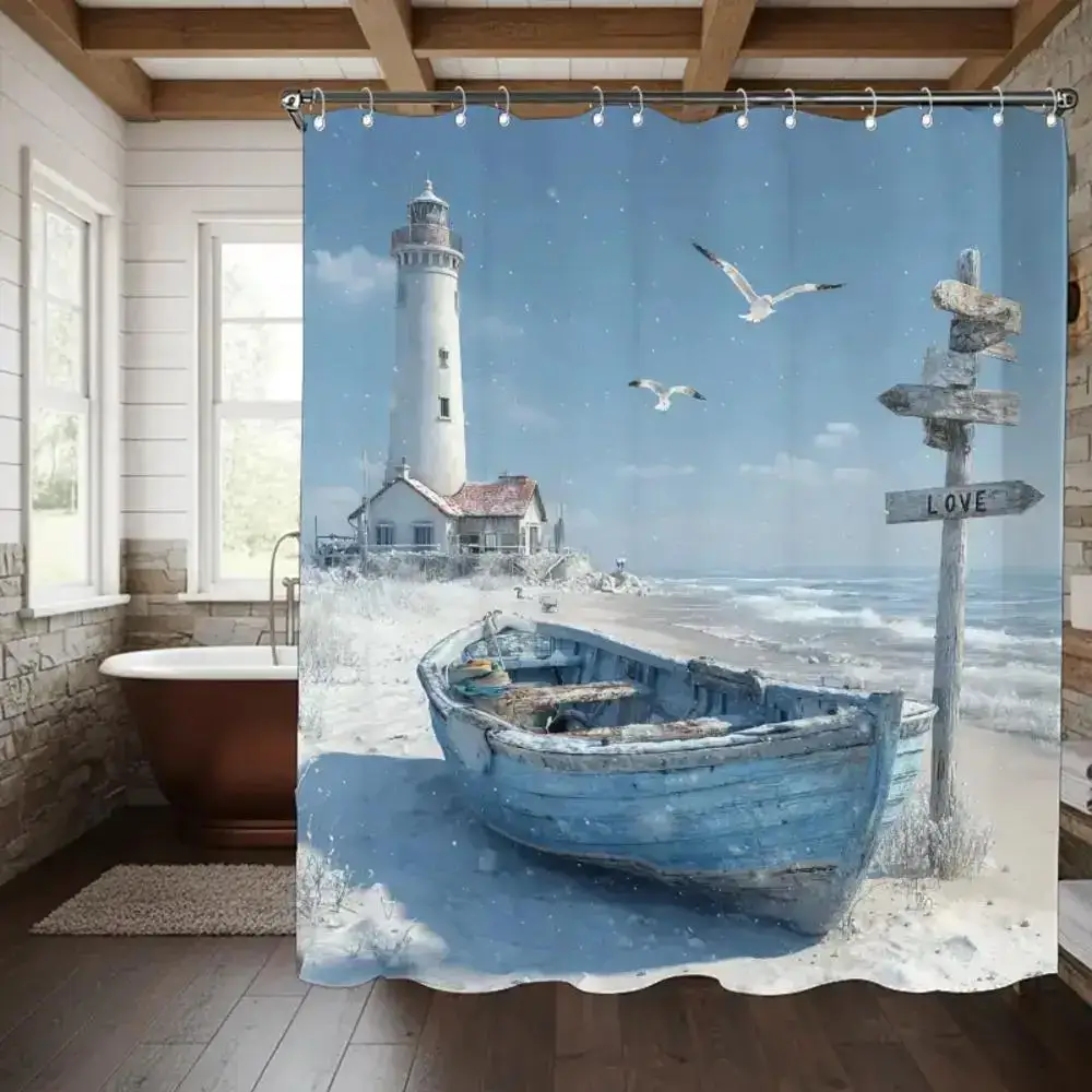 Lighthouse Beach Scene With Seagulls And Wooden Boat Coastal Decor Shower Curtain
Lighthouse Beach Scene With Seagulls And Wooden Boat Coastal Decor Shower Curtain
