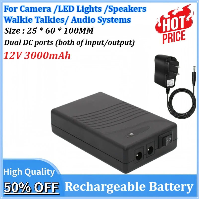 12V 3000mAh Output Black Portable Rechargeable Lithium Battery for Camera LED Lights Speakers Walkie Talkies Audio Systems
12V 3000mAh Output Black Portable Rechargeable Lithium Battery for Camera LED Lights Speakers Walkie Talkies Audio Systems