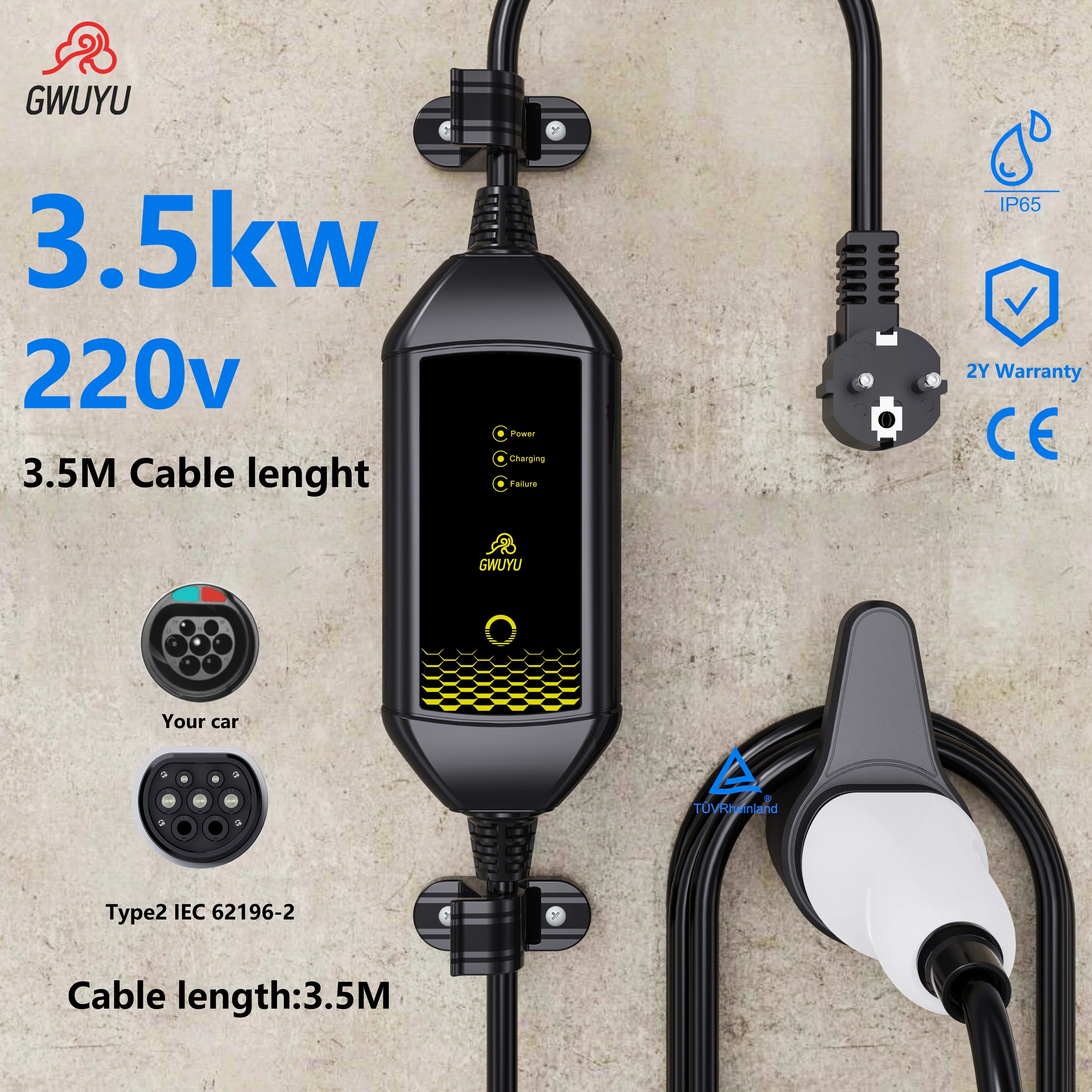 GWUYU 3.5KW 16A Type2 Electric Car Charger 220v 16A Portable EV Charging Box IP65 With Light for Electric Vehicle Car Charger
GWUYU 3.5KW 16A Type2 Electric Car Charger 220v 16A Portable EV Charging Box IP65 With Light for Electric Vehicle Car Charger