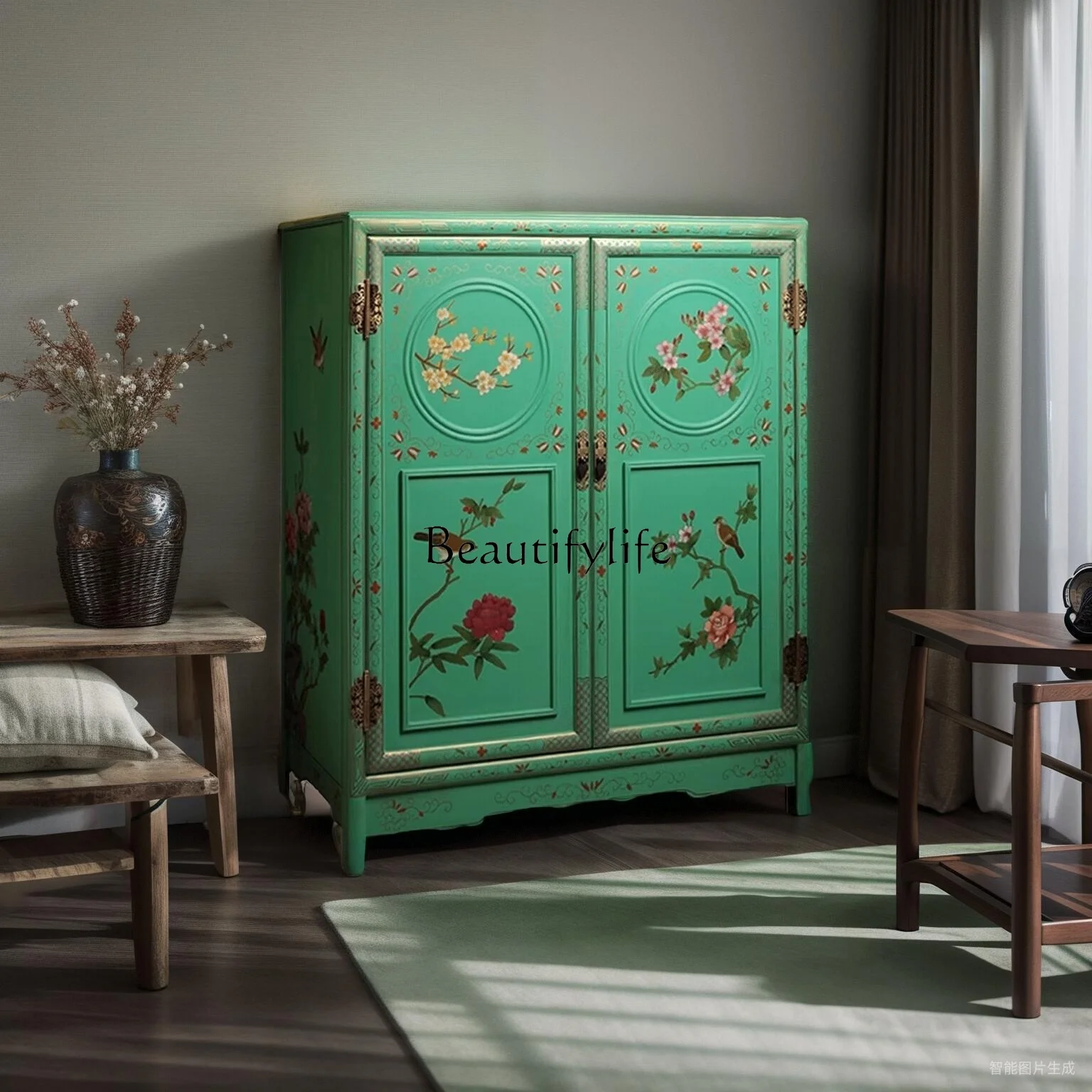 New Chinese-style painted flower and bird pattern round edge cabinet dining side living room room
New Chinese-style painted flower and bird pattern round edge cabinet dining side living room room