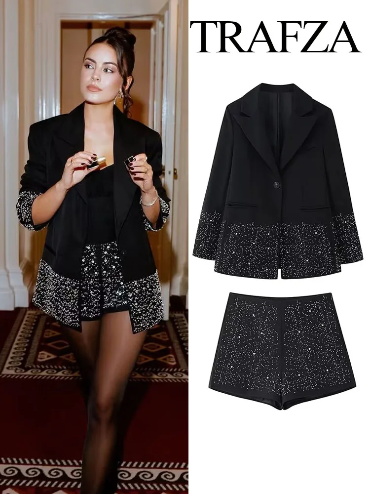 TRAFZA Women Blazer Suit Single Buckle Lapel Beaded Decorate Jacket Coat+Fashion Casual High Waist Side Zipper Shorts 2 Pieces
TRAFZA Women Blazer Suit Single Buckle Lapel Beaded Decorate Jacket Coat+Fashion Casual High Waist Side Zipper Shorts 2 Pieces