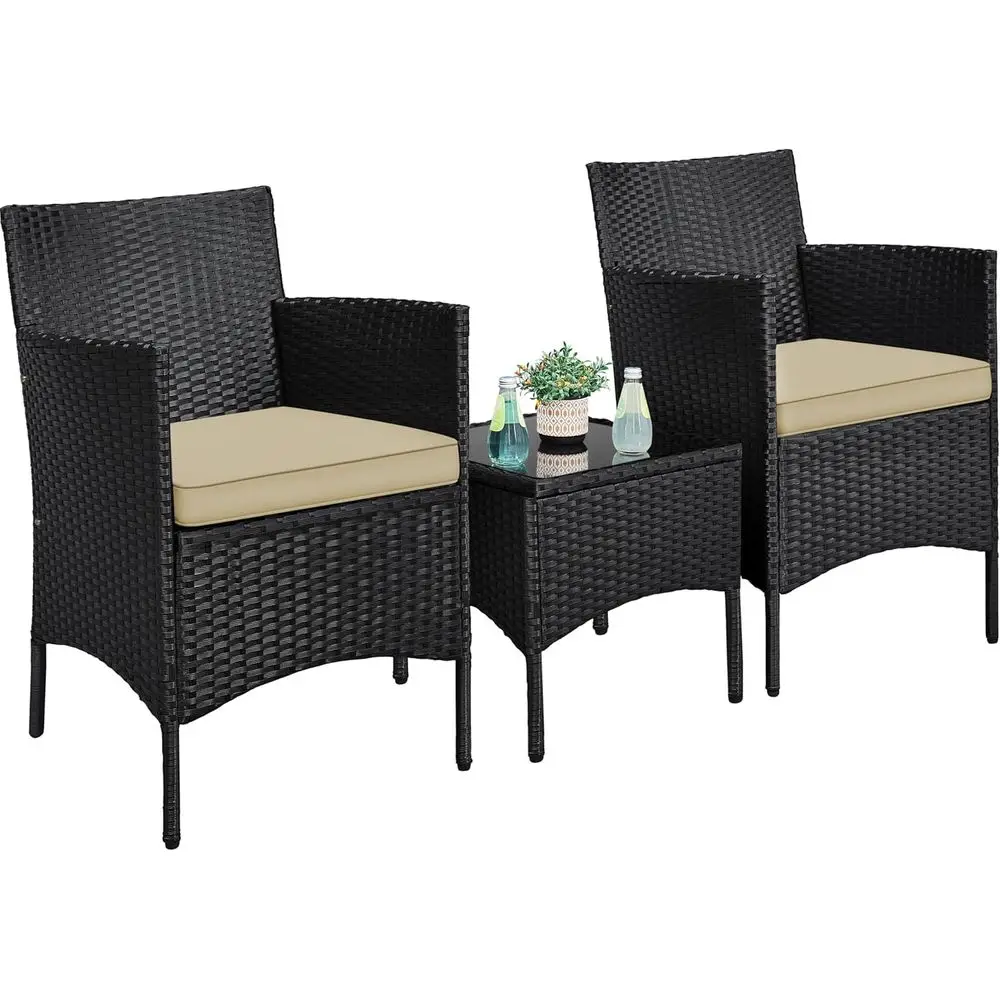 3 Pieces Patio Conversation Set, Outdoor Rattan Bistro Furniture, 2 Chairs with Cushions & 1 Side Table, Black/Khaki
3 Pieces Patio Conversation Set, Outdoor Rattan Bistro Furniture, 2 Chairs with Cushions & 1 Side Table, Black/Khaki