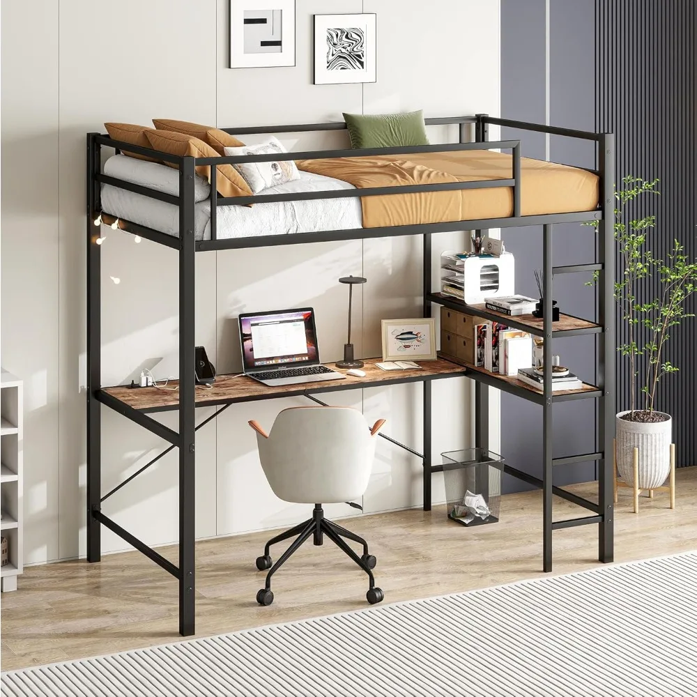 Twin Metal Loft Bed with L-Shaped Desk, LED Lights,Charging Station, Loft Bed Frame with 2 Storage Shelves,Safety Guard & Ladder
Twin Metal Loft Bed with L-Shaped Desk, LED Lights,Charging Station, Loft Bed Frame with 2 Storage Shelves,Safety Guard & Ladder