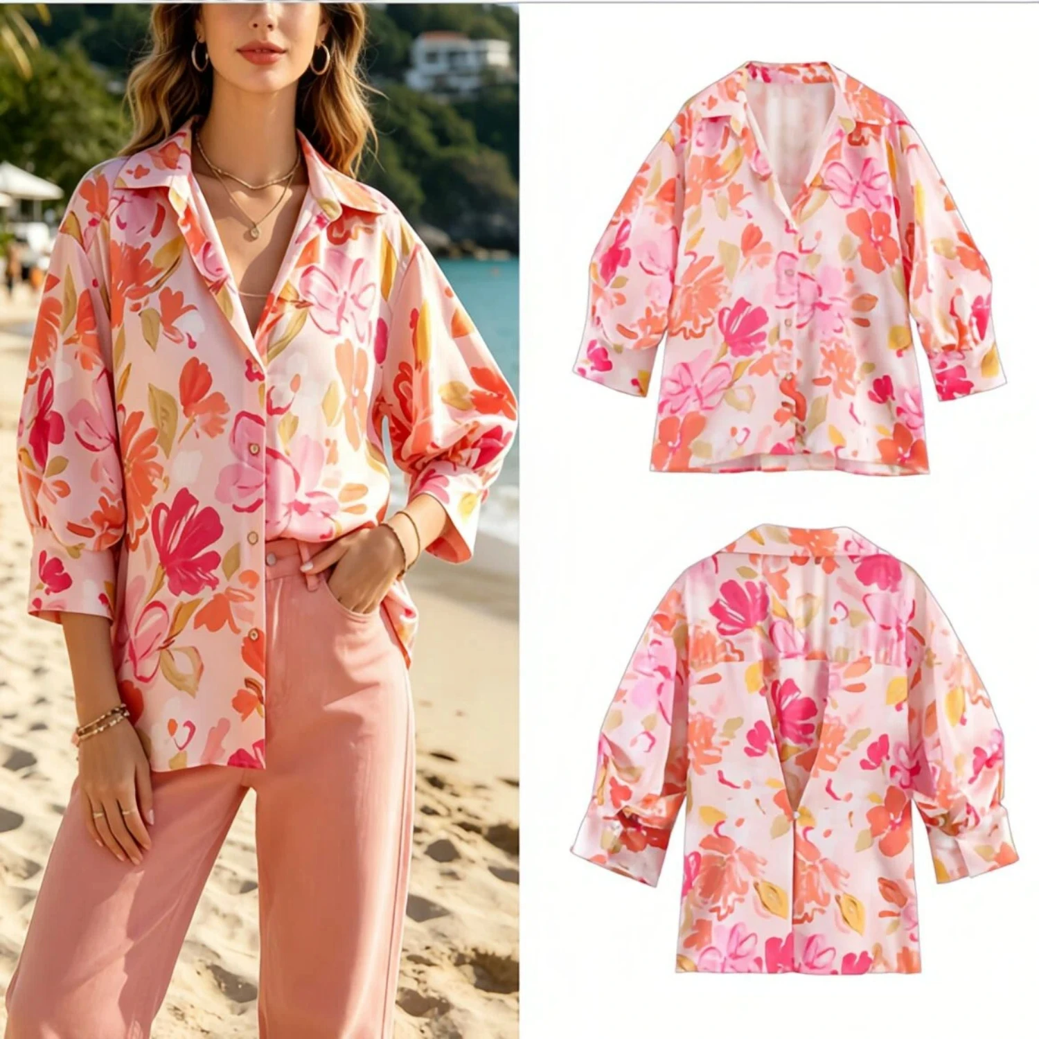 Women Beach Shirt Floral Print V Neck Bubble Sleeve Blouse Trendy Holiday Top Casual Feminine Spring Summer Vacation Shirt
Women Beach Shirt Floral Print V Neck Bubble Sleeve Blouse Trendy Holiday Top Casual Feminine Spring Summer Vacation Shirt