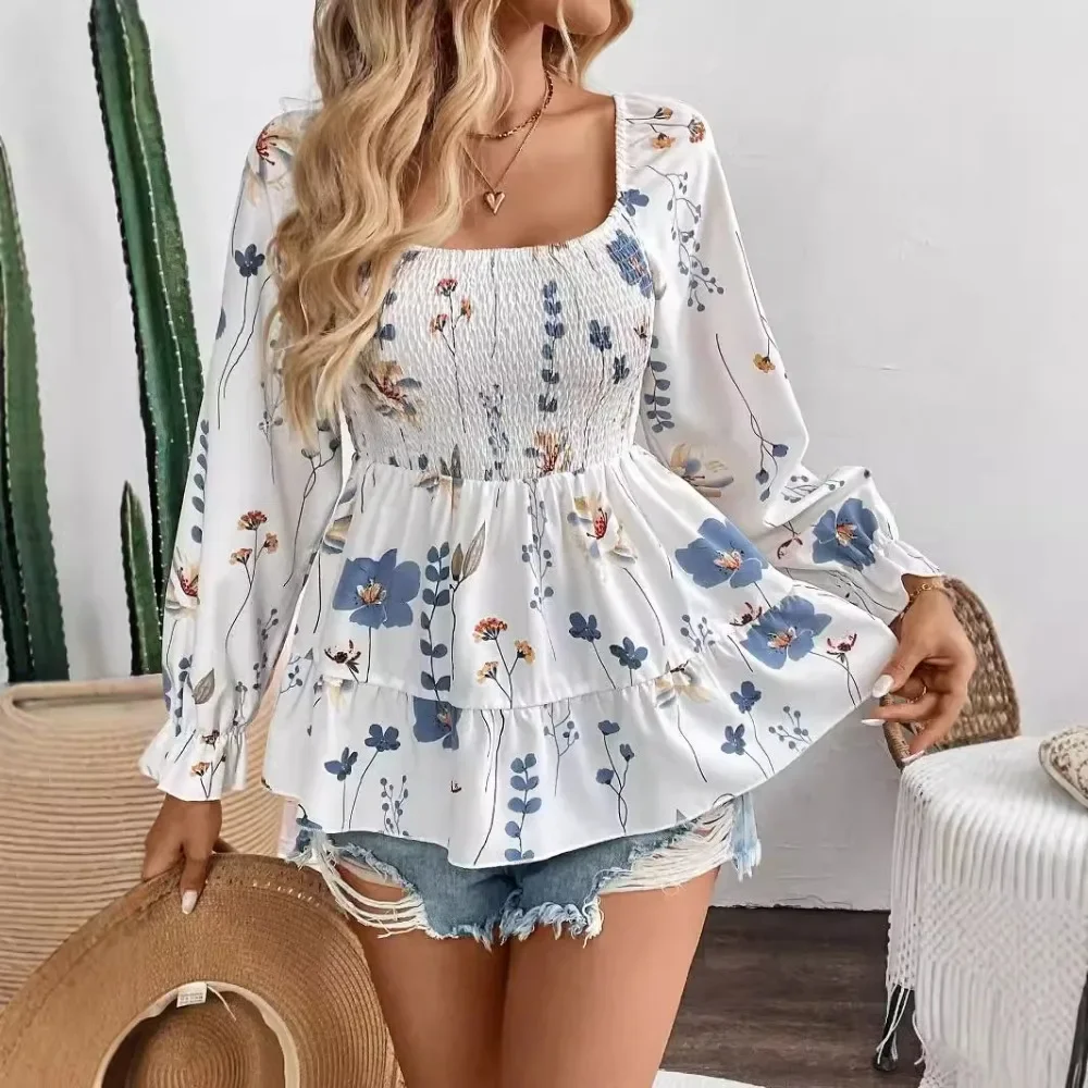 Spring Summer New Elegant Women's Flower Print Shirt Corset Long-sleeved T-shirt U-neck Larten Sleeve Women Tops
Spring Summer New Elegant Women's Flower Print Shirt Corset Long-sleeved T-shirt U-neck Larten Sleeve Women Tops