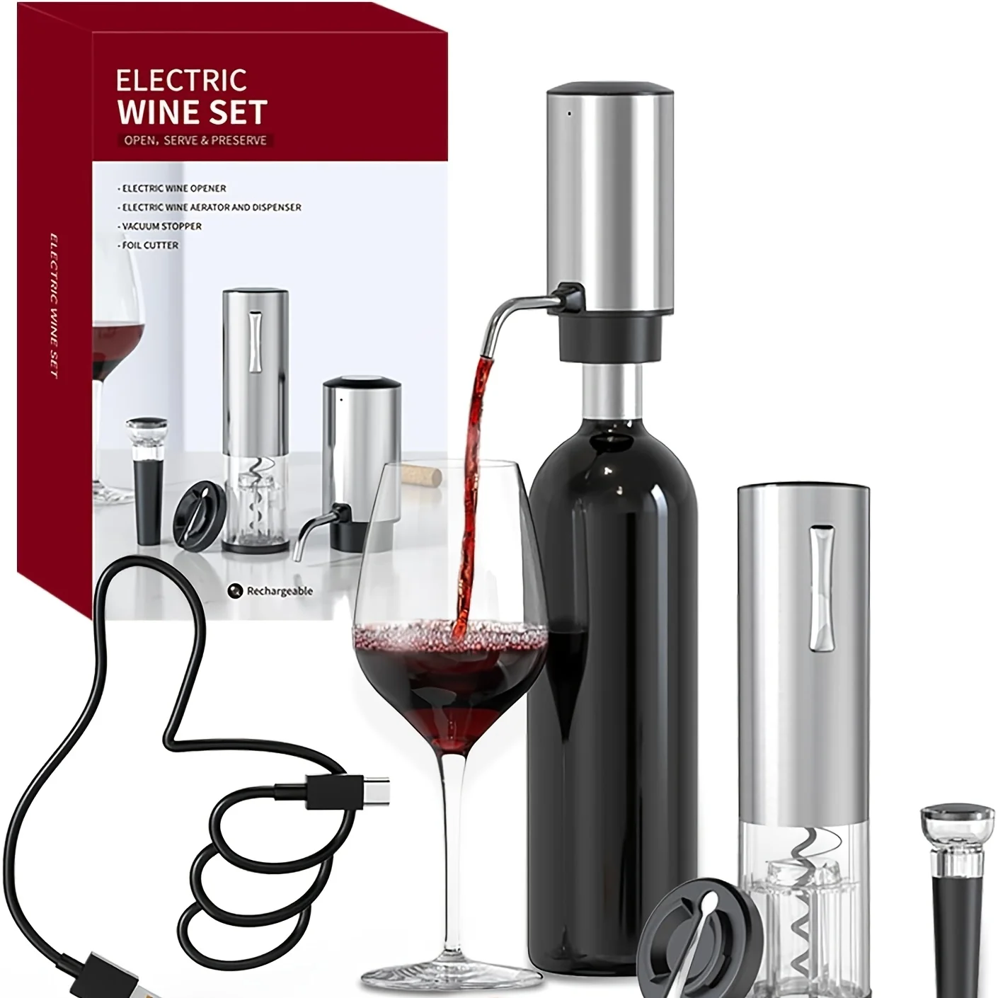 7-In-1 Electric Wine Opener Gift Set | Stainless Steel Automatic Corkscrew with Automatic Aerator Pourer, 1 Vacuum Stoppers, Foi
7-In-1 Electric Wine Opener Gift Set | Stainless Steel Automatic Corkscrew with Automatic Aerator Pourer, 1 Vacuum Stoppers, Foi