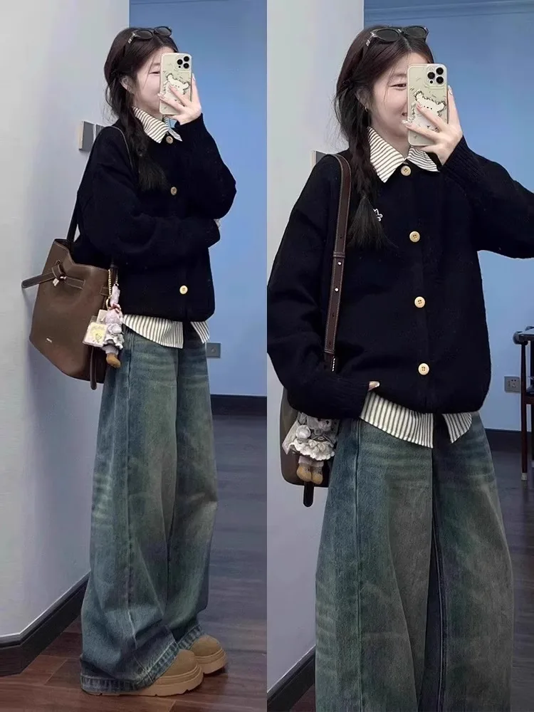 Korean Style Patchwork Neck Knitted Sweater Women's Spring Autumn Fake Two-Piece Loose Fit Long Sleeve Button up Cardigan
Korean Style Patchwork Neck Knitted Sweater Women's Spring Autumn Fake Two-Piece Loose Fit Long Sleeve Button up Cardigan