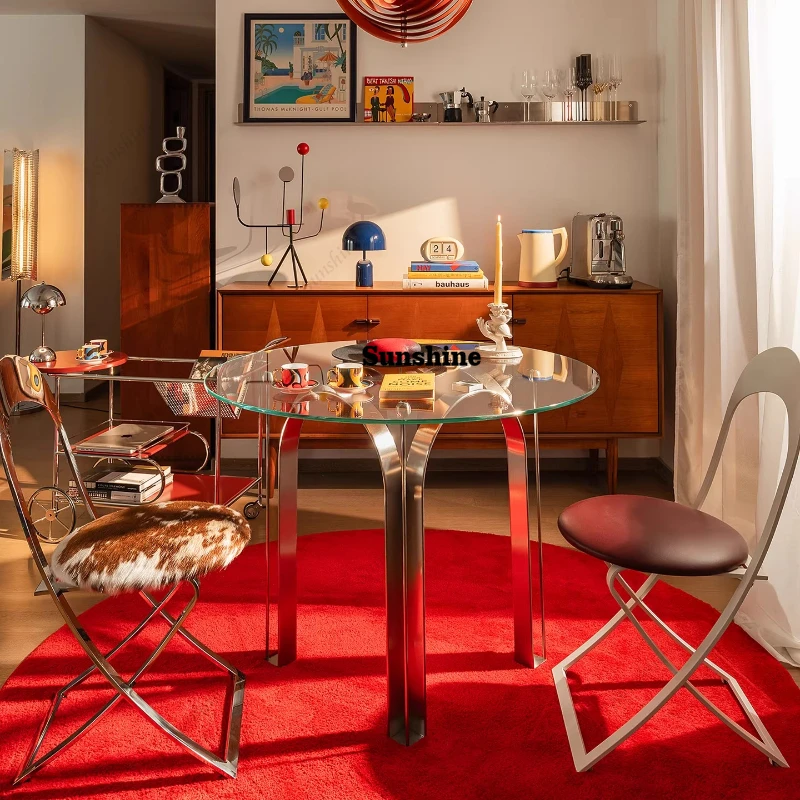 Dining table round Nordic light luxury retro, negotiation, stainless steel paint glass surface
Dining table round Nordic light luxury retro, negotiation, stainless steel paint glass surface