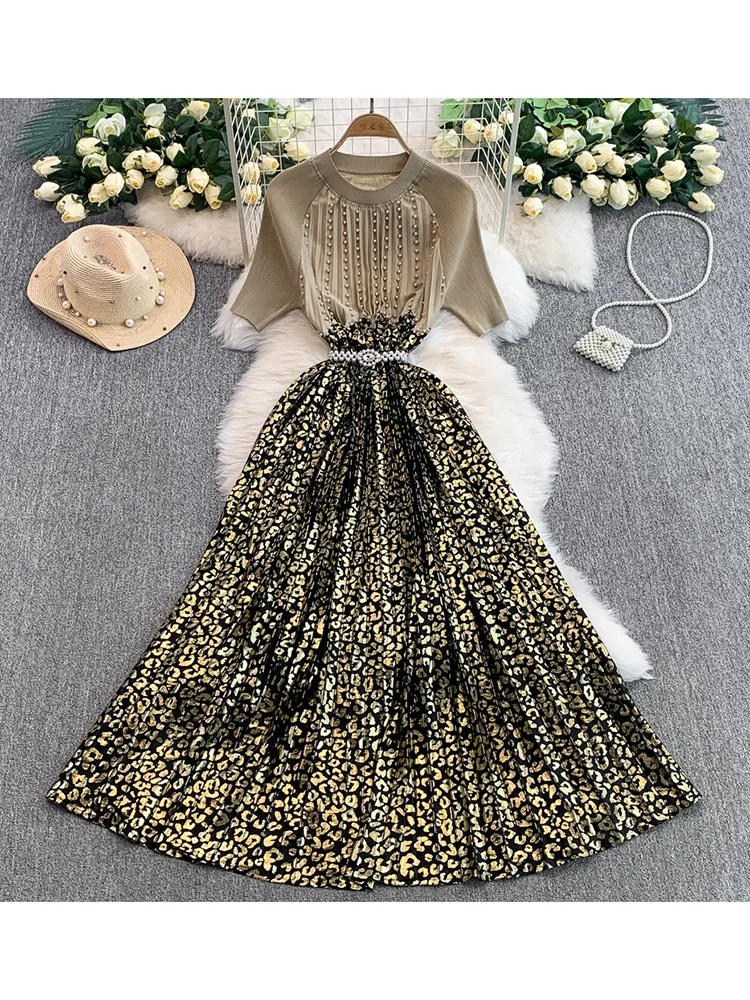 Women's Summer Vestidos Korean Version Nail Bead Round Neck New Leopard Print Waist Cinched Pleated Patchwork Knit Dress DS170
Women's Summer Vestidos Korean Version Nail Bead Round Neck New Leopard Print Waist Cinched Pleated Patchwork Knit Dress DS170