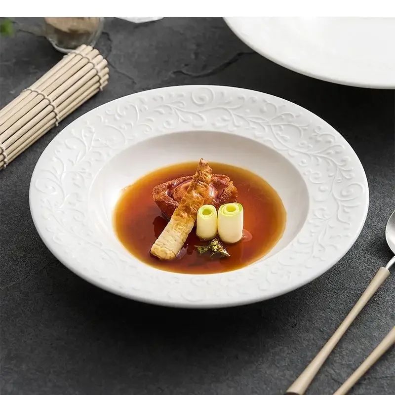 Relief Pattern Ceramic Dinner Plate Restaurant Pasta Thick Soup Dessert Dish Molecular Cuisine Specialty Tableware
Relief Pattern Ceramic Dinner Plate Restaurant Pasta Thick Soup Dessert Dish Molecular Cuisine Specialty Tableware