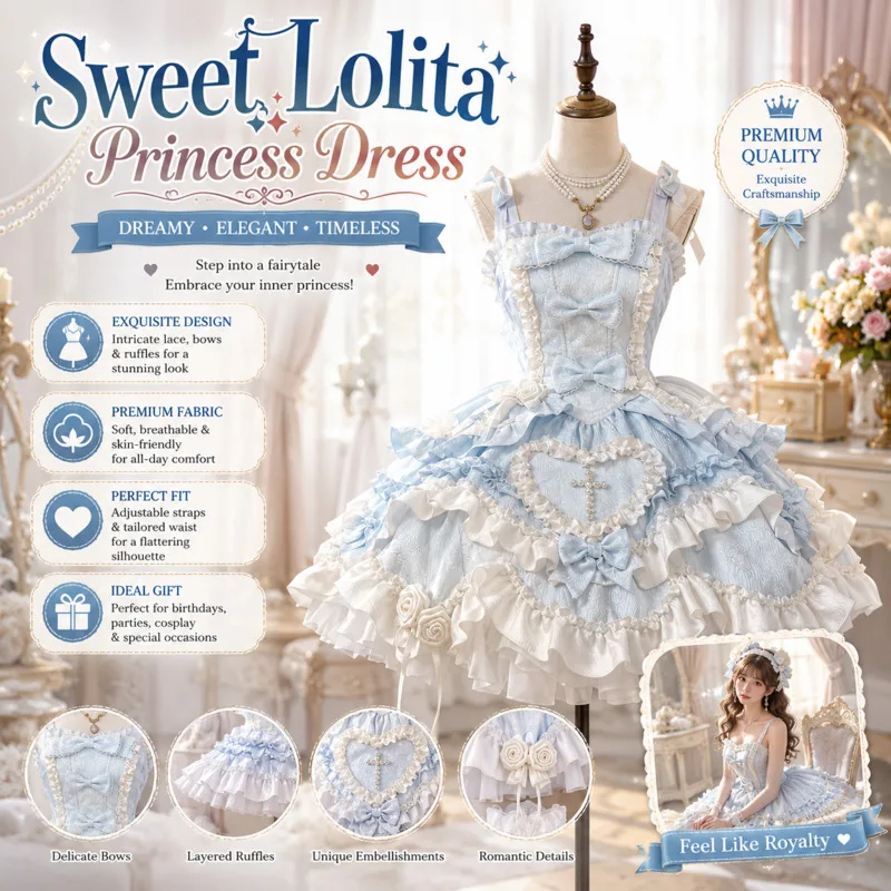 Original Design Sweet Lolita JSK Dress Light Blue Halter Ruffle Lace Bow Heart Shaped Princess Dress For Young Girls Comic Con
Original Design Sweet Lolita JSK Dress Light Blue Halter Ruffle Lace Bow Heart Shaped Princess Dress For Young Girls Comic Con