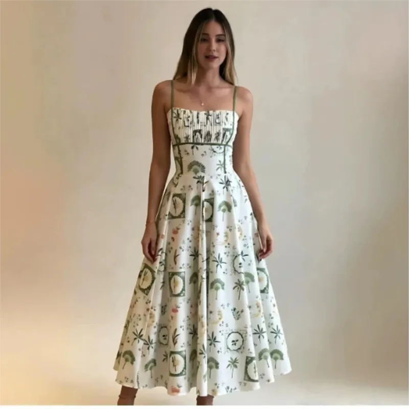 Summer Casual High Waist Bohemian Dress Women Fashion Sleeveless Pleated Long Dresses Printed Camisole Beach Dress Vestidos
Summer Casual High Waist Bohemian Dress Women Fashion Sleeveless Pleated Long Dresses Printed Camisole Beach Dress Vestidos