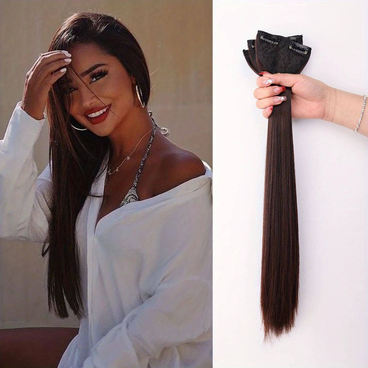 Набор из 3 шт., накладные волосы на клипсах, натуральные прямые 20-дюймовые синтетические шиньоны, черные, коричневые, темно-коричневые, густые волосы для женщин и девочек
Набор из 3 шт., накладные волосы на клипсах, натуральные прямые 20-дюймовые синтетические шиньоны, черные, коричневые, темно-коричневые, густые волосы для женщин и девочек