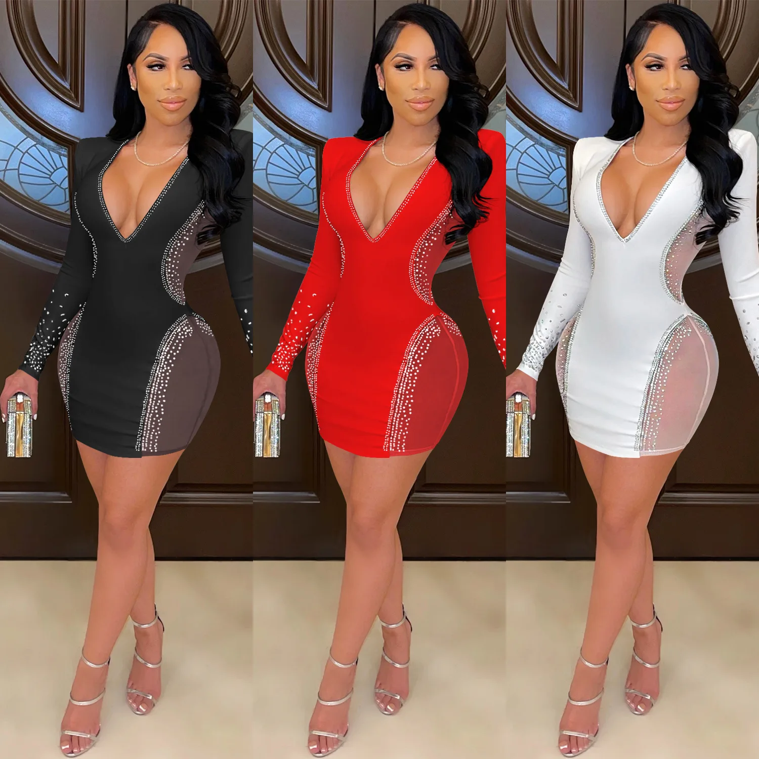 Sexy deep V nightclub party dress, hot diamond perspective short skirt temperament, high-end elegant new women's clothing
Sexy deep V nightclub party dress, hot diamond perspective short skirt temperament, high-end elegant new women's clothing