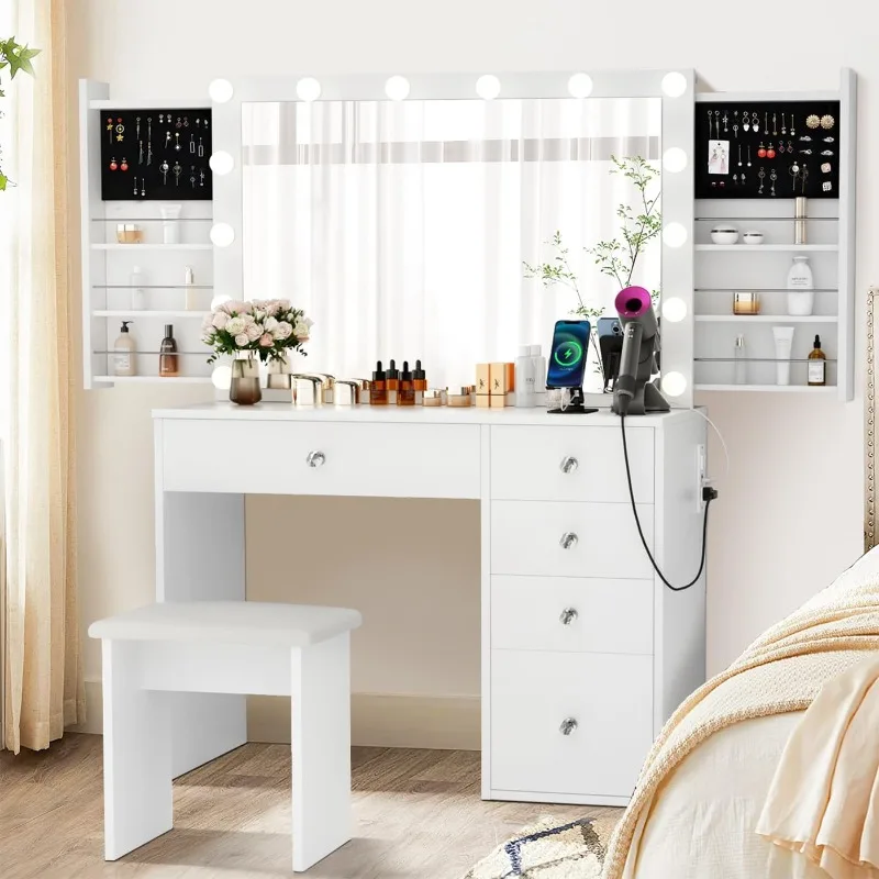 Makeup Vanity Desk with Lighted Mirror & Power Outlet & 5 Drawers, Vanity Table with 3 Lighting Modes Brightness Adjustable
Makeup Vanity Desk with Lighted Mirror & Power Outlet & 5 Drawers, Vanity Table with 3 Lighting Modes Brightness Adjustable