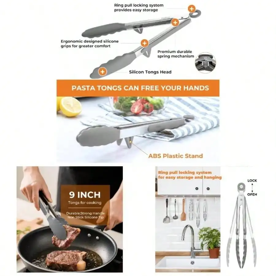 Stainless SteelSilicone Food Tongs Set Of 3 9+9+12 Inch - BPA - Heat Resistant Non - Scratch BBQCooking Tools, Strong Grip Locking Grilling, Pasta, Fryer, Salad, Dishwasher
Stainless SteelSilicone Food Tongs Set Of 3 9+9+12 Inch - BPA - Heat Resistant Non - Scratch BBQCooking Tools, Strong Grip Locking Grilling, Pasta, Fryer, Salad, Dishwasher