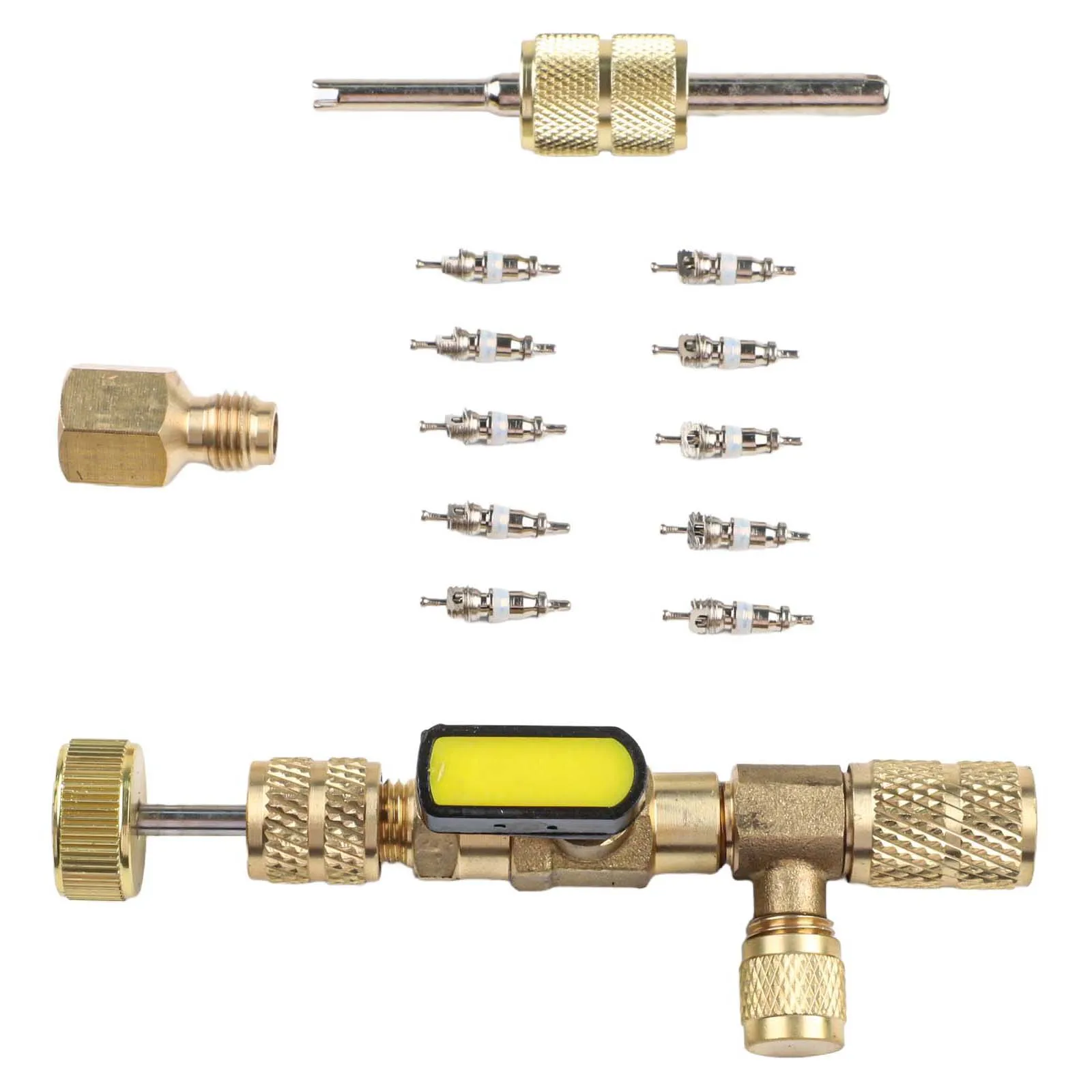 Gold Aluminum Alloy Valve Core Removal Tool With 1/4 5/16 Inch Brass Adapter For R12 R22 R404A R410A AC Refrigeration Repair
Gold Aluminum Alloy Valve Core Removal Tool With 1/4 5/16 Inch Brass Adapter For R12 R22 R404A R410A AC Refrigeration Repair