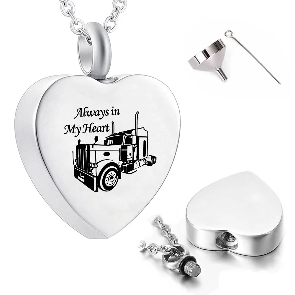 Stainless Steel Semi-Truck CremationUrn " In My Heart" on 24" Steel Curb Chain Necklace - Memorial Jewelry, Ashes Keepsake, Mour
Stainless Steel Semi-Truck CremationUrn " In My Heart" on 24" Steel Curb Chain Necklace - Memorial Jewelry, Ashes Keepsake, Mour