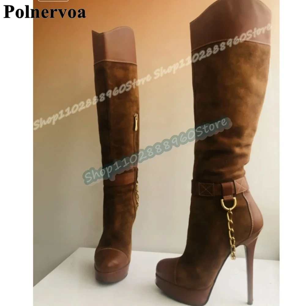 Knee High Brown Patchwork Golden Chain Platform Boots Thin High Heel Women Shoes Side Zipper Round Toe Trendy Zapatos Para Mujer
Knee High Brown Patchwork Golden Chain Platform Boots Thin High Heel Women Shoes Side Zipper Round Toe Trendy Zapatos Para Mujer
