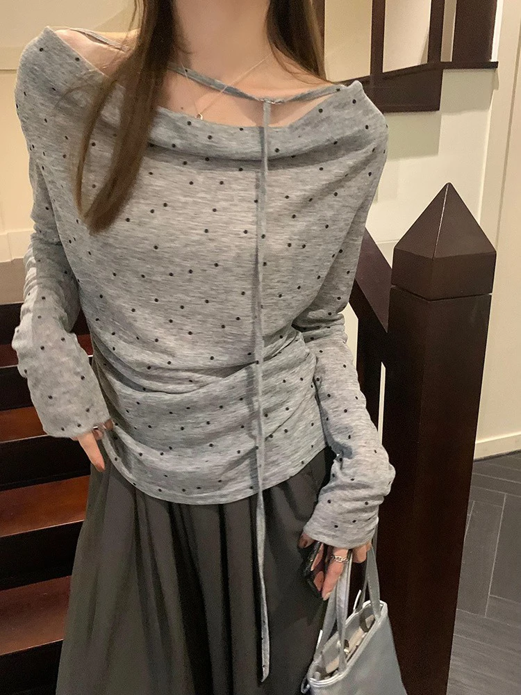Polka Dot Lace-up Long Sleeve T-Shirt Summer Thin One-Shoulder Women's T-shirt 2025 Slim Women Tops Korean Style Women Clothing
Polka Dot Lace-up Long Sleeve T-Shirt Summer Thin One-Shoulder Women's T-shirt 2025 Slim Women Tops Korean Style Women Clothing