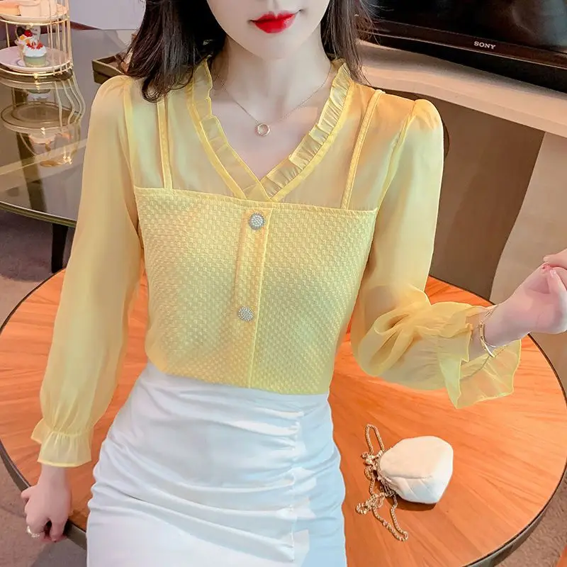 Sheer Pullovers Elegant V-neck Long Lantern Sleeve Women's Shirt Casual Loose Chiffon Blouses Office Lady Button Tops T12
Sheer Pullovers Elegant V-neck Long Lantern Sleeve Women's Shirt Casual Loose Chiffon Blouses Office Lady Button Tops T12