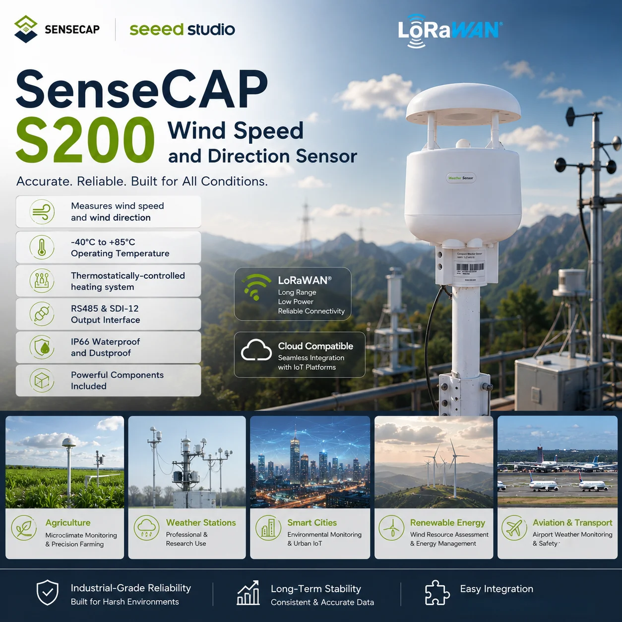 S200 Ultrasonic Weather Sensor Measures Wind Speed Direction for Outdoor Agriculture Smart Cities Rugged Environments
S200 Ultrasonic Weather Sensor Measures Wind Speed Direction for Outdoor Agriculture Smart Cities Rugged Environments