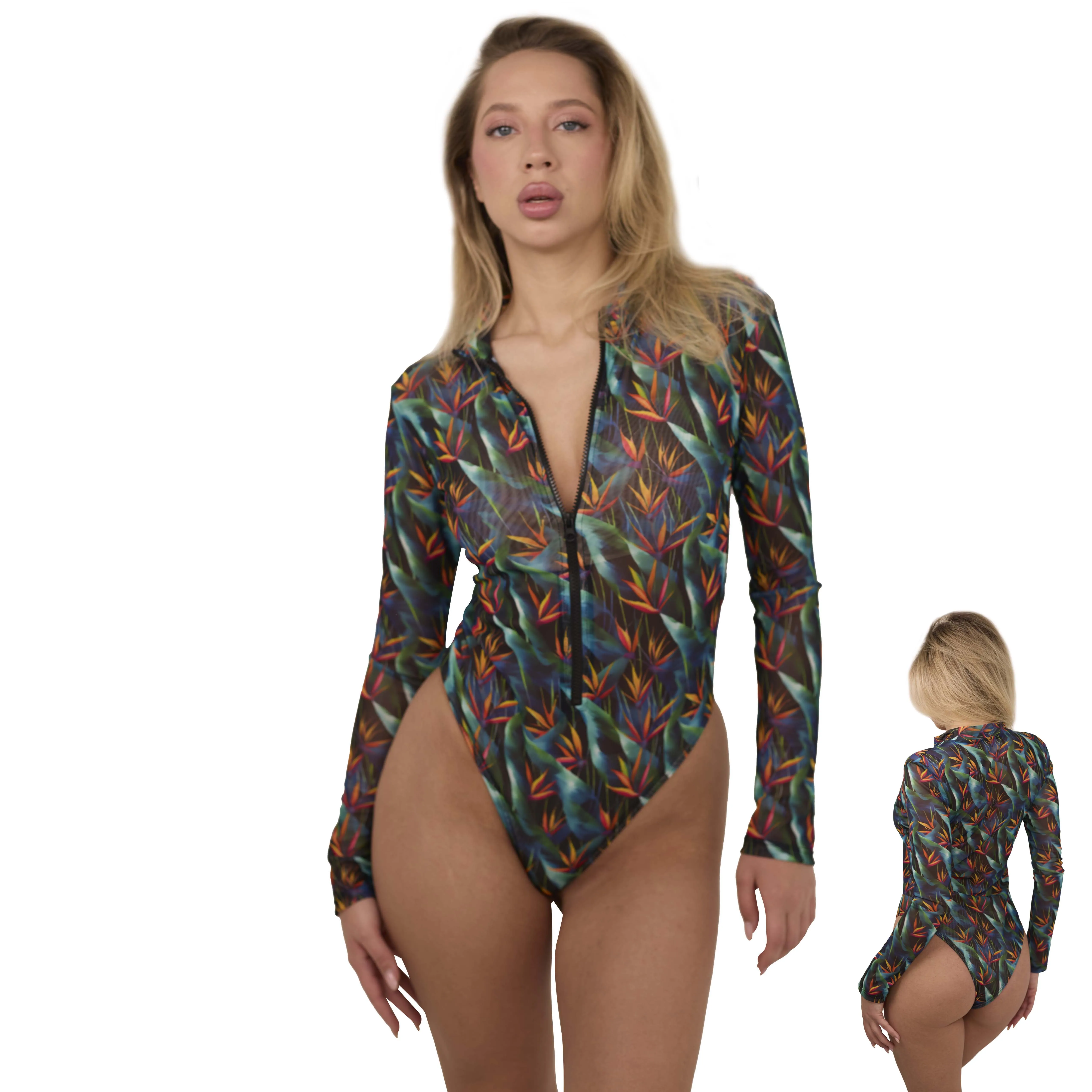 Volagor Bird of Paradise Tan Through Swimsuit Long Sleeve Zipper Rash Guard Women Sun Permeable Mesh One Piece Monokini
Volagor Bird of Paradise Tan Through Swimsuit Long Sleeve Zipper Rash Guard Women Sun Permeable Mesh One Piece Monokini