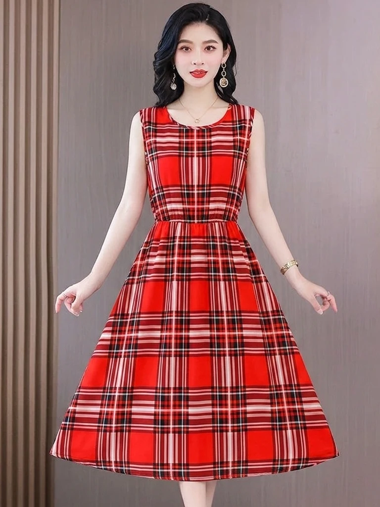 Red Plaid Sleeveless Midi Dress Women's Slimming Mommy Style Youthful Polyester Fiber Casual round Neck Print Dress
Red Plaid Sleeveless Midi Dress Women's Slimming Mommy Style Youthful Polyester Fiber Casual round Neck Print Dress