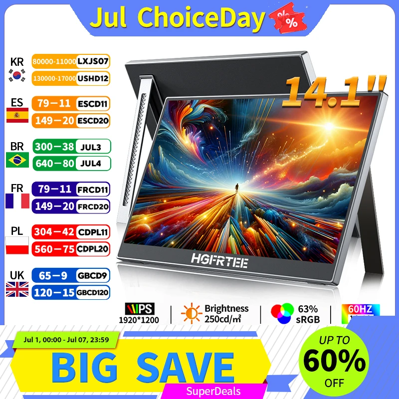 HGFRTEE 14.1 Inch Portable Monitor 1200P 16:10 Aspect Ratio 63%sRGB Second Screen for Laptop Gaming Compatible with Switch PS4/5
HGFRTEE 14.1 Inch Portable Monitor 1200P 16:10 Aspect Ratio 63%sRGB Second Screen for Laptop Gaming Compatible with Switch PS4/5