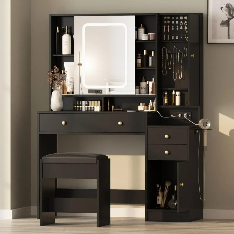 Vanity Table with Mirror, Lights and Charging Station - Glass Top Vanity with 3 Drawers, Jewelry Cabinet and Sliding Door, 42.8
Vanity Table with Mirror, Lights and Charging Station - Glass Top Vanity with 3 Drawers, Jewelry Cabinet and Sliding Door, 42.8