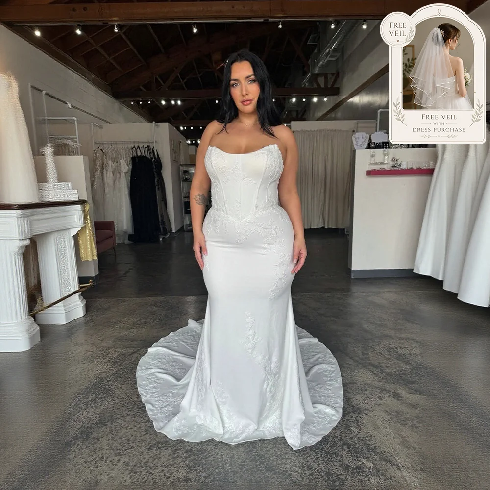 Curvy Plus Size Strapless Wedding Dresses Lace Applique Satin Mermaid Sweep Train Reception Dresses For Weddings Customized
Curvy Plus Size Strapless Wedding Dresses Lace Applique Satin Mermaid Sweep Train Reception Dresses For Weddings Customized