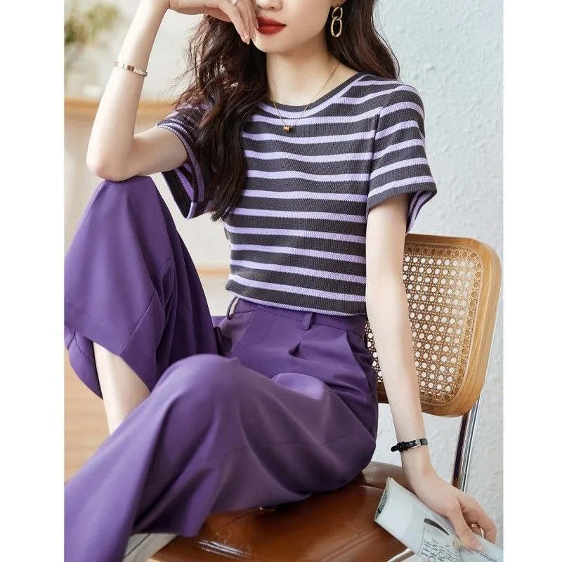 Women's Purple Stripe T Shirts Suit Pants Two Piece Sets 2025 Summer Lady Graceful Cotton Short Sleeve Tops Trousers Outfits
Women's Purple Stripe T Shirts Suit Pants Two Piece Sets 2025 Summer Lady Graceful Cotton Short Sleeve Tops Trousers Outfits