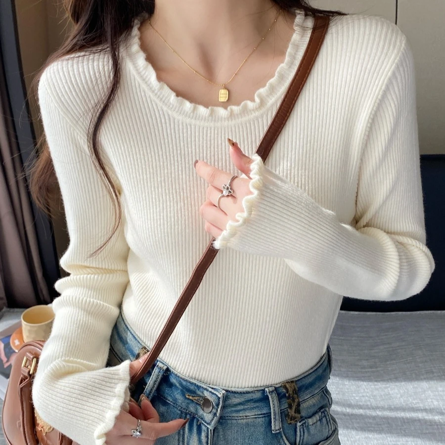 autumn Knitted ruffles O-neck Long Sleeve Slim Jumper Tops Women Sweater Pullover solid Ladies Casual white Shirts Soft Sweaters
autumn Knitted ruffles O-neck Long Sleeve Slim Jumper Tops Women Sweater Pullover solid Ladies Casual white Shirts Soft Sweaters
