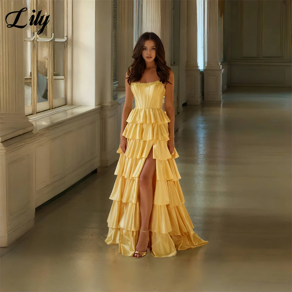 Lily Yellow Satin Wedding Party Dress Strapless Tiered Ruffle Evening Dress with Pearls Bust High Slit Prom Dress Customized
Lily Yellow Satin Wedding Party Dress Strapless Tiered Ruffle Evening Dress with Pearls Bust High Slit Prom Dress Customized