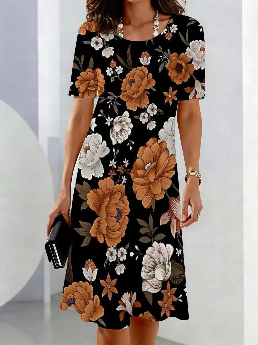 Womens Casual Floral Print Short Sleeve Crew Neck Dress With Orange White Flowers
Womens Casual Floral Print Short Sleeve Crew Neck Dress With Orange White Flowers