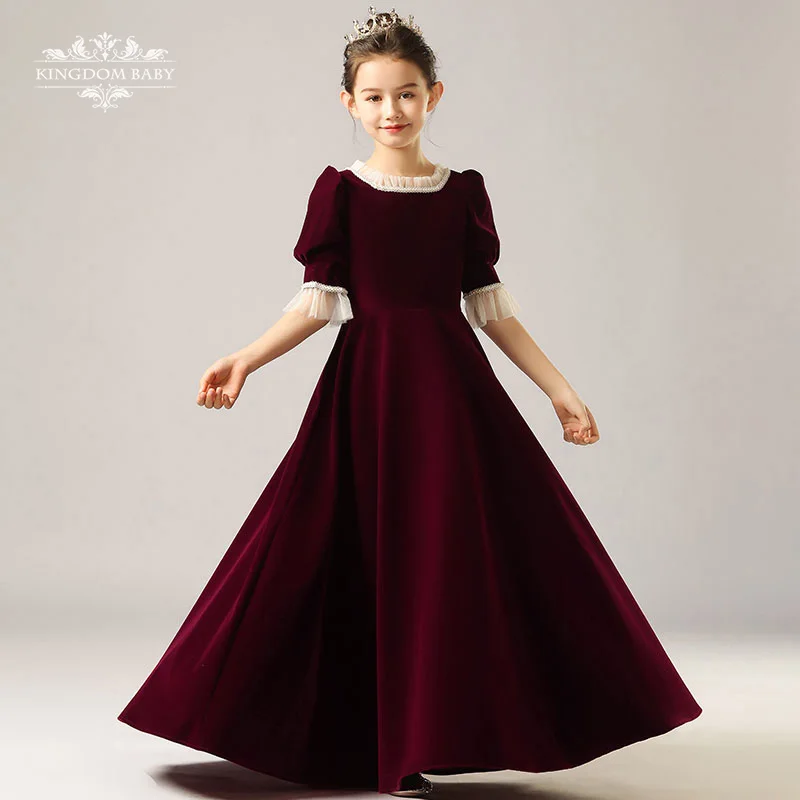 Girls dress burgundy velvet lace round neck mid-length sleeves floor-length birthday party dress
Girls dress burgundy velvet lace round neck mid-length sleeves floor-length birthday party dress